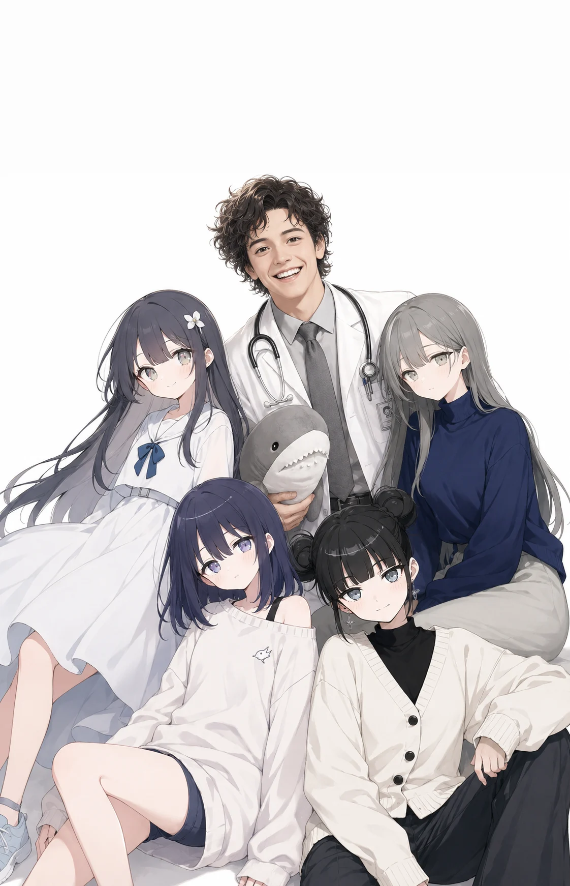 白衣の男性とサメのぬいぐるみを囲む4人の少女たちの集合写真